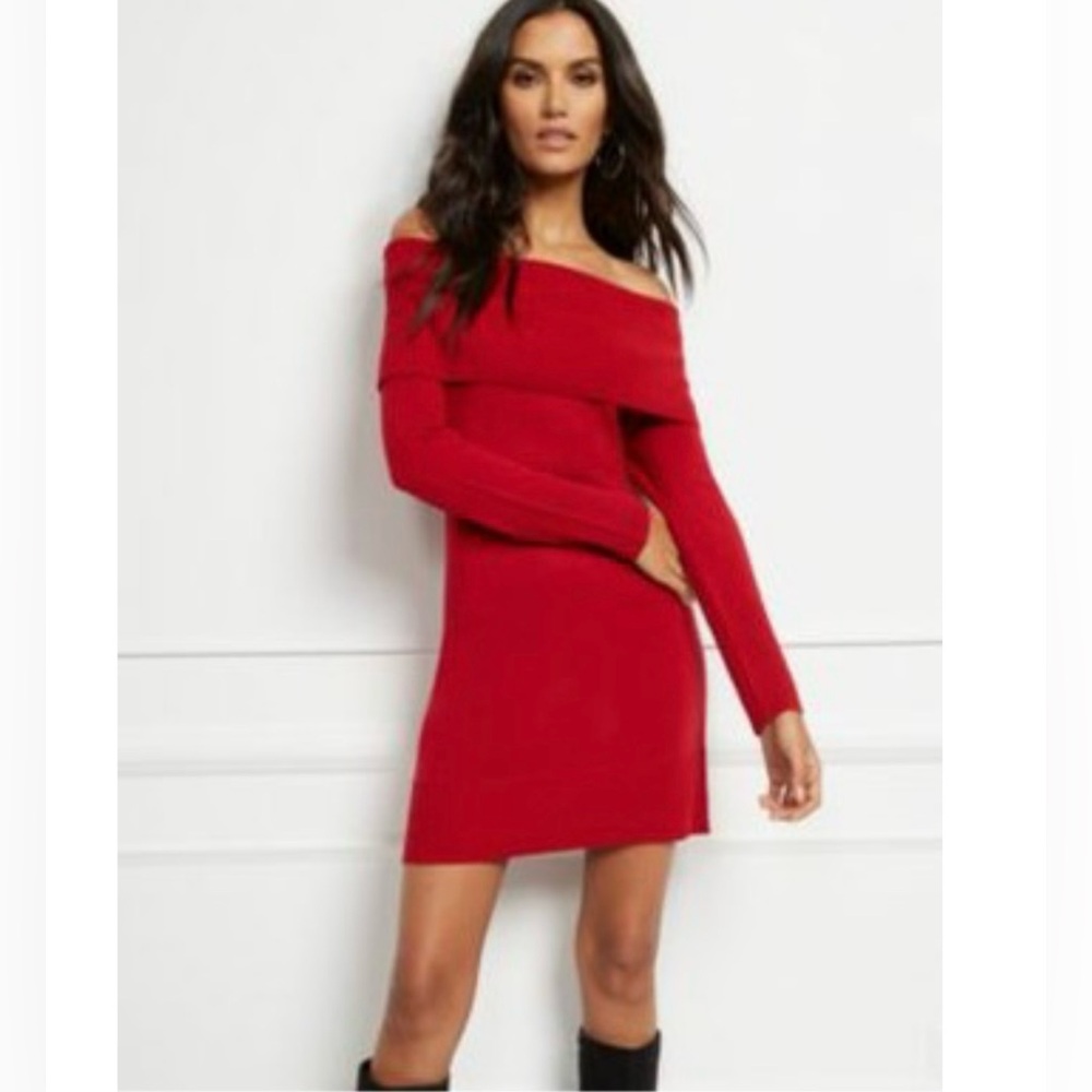 New York & Company Red Off-Shoulder Sweater Dress